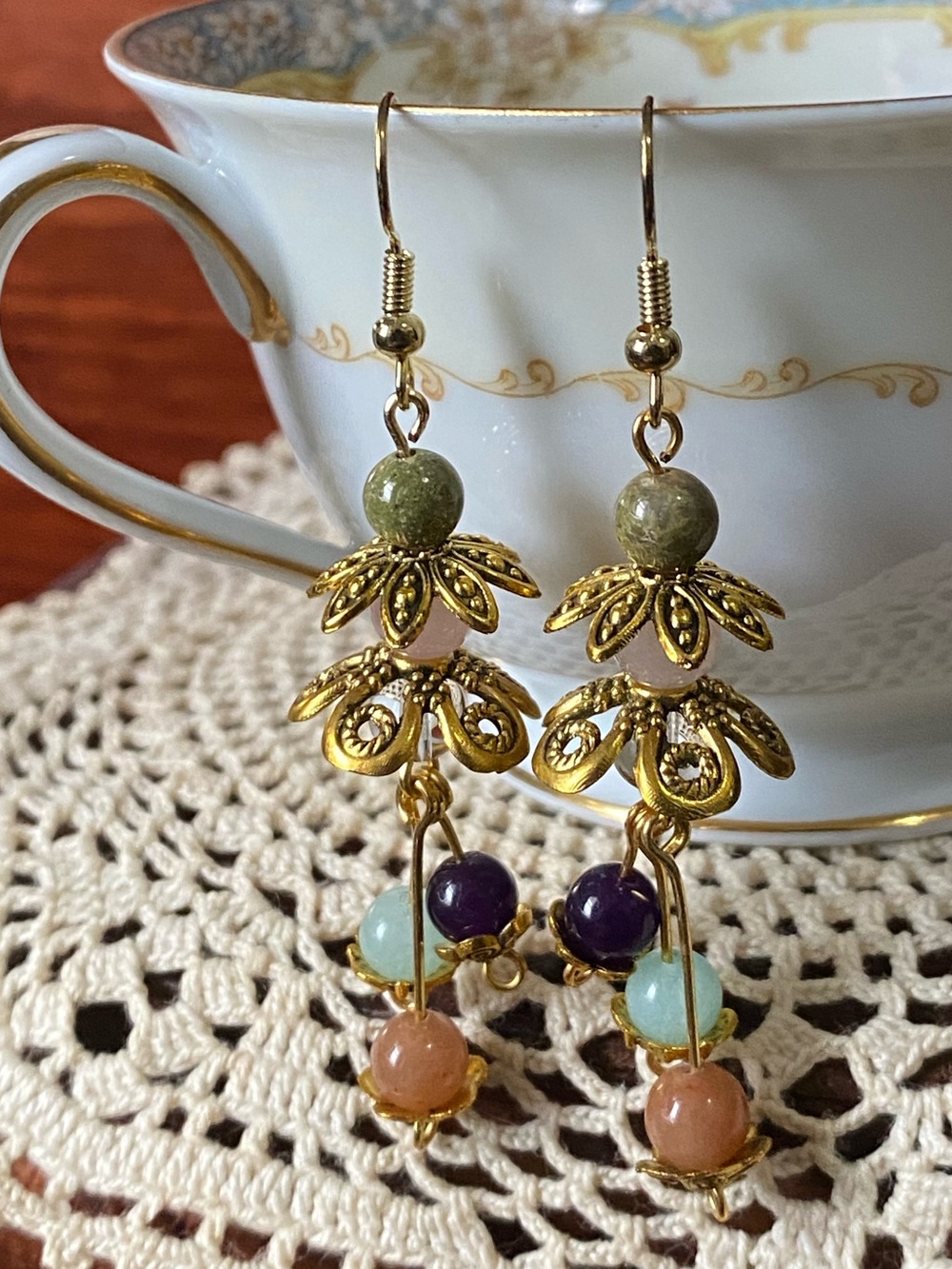 Handmade Gold Floral Drop Earrings with Semiprecious Stone Beads